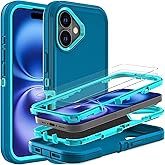 YKHJKLEC for iPhone 16 Case, Military Grade 3 in 1 Heavy Duty Shockproof/Drop Proof/Dust Proof Case with 2Pcs Tempered Glass Screen Protector (Blue/Turquoise)
