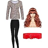 Bonuci 4 Pcs Halloween 80s Costume Married Women Leopard Printed Tops Tights Copper Red Wig Wide Stretchy Belt for Cosplay