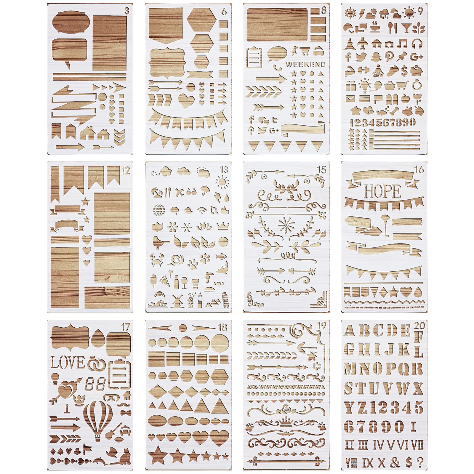 VETPW 12 Pcs Mixed Drawing Painting Template Craft Stencil Set, Journaling Stencils, Reusable Shapes Stencils Scale Templates for Card Making, Journals, DIY Albums, Diary, Window, Wall Decor