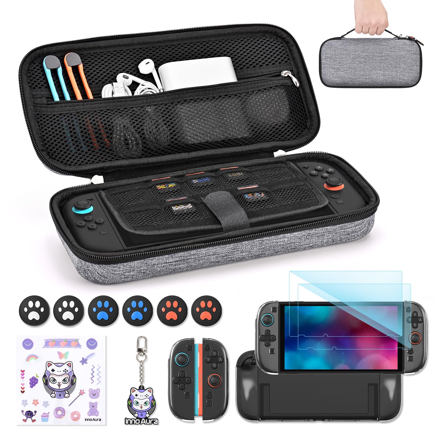 innoAura Switch 2 Case 14-in-1 Bundle for NS Switch 2 (2025), with Carrying Case, Protective Cover, Thumb Grips, Screen Protector, Cute Pendant and Sticker, Gray Image