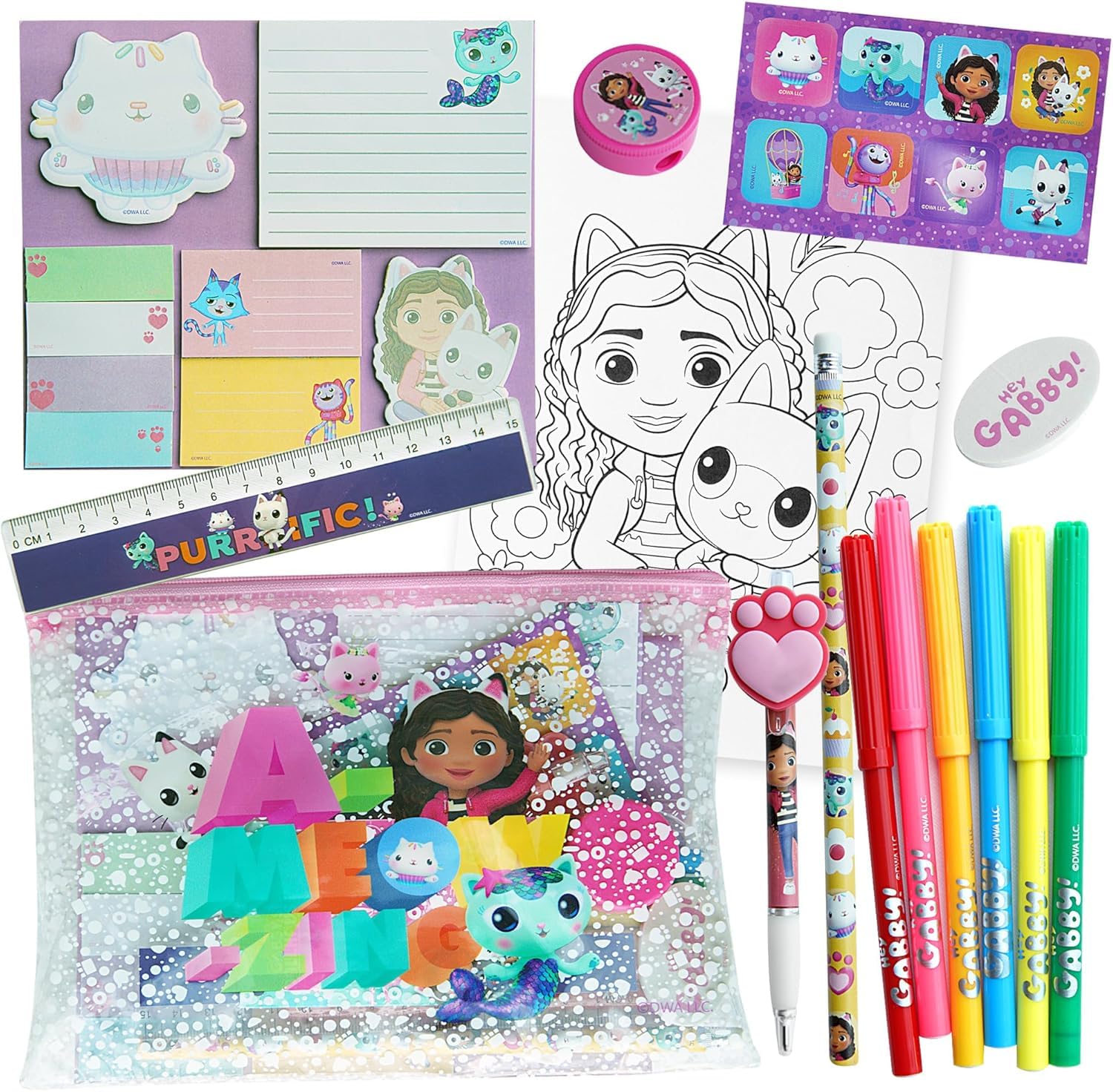 Gabby's Dollhouse Colouring Set – 9-Piece Travel Stationery Kit for Kids – Gabby Cat Colouring Set with Markers, Stickers, Notebook, Pencil Case – Gift for Girls