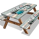 Picnic Table Cover with Bench Covers 6FT Outdoor Camping Essentials Waterproof Fitted Picnic Table Cloth Wood Texture Fitted Picnic Tablecloth with Elastic(3pcs-72")