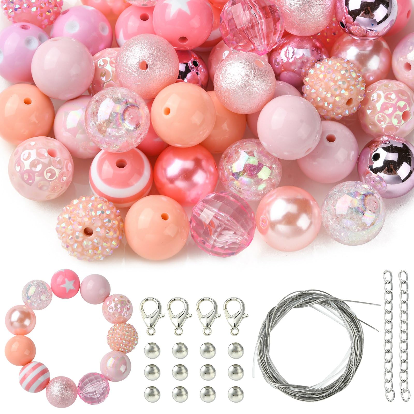 UR URLIFEHALL 50 Pcs Pink Series Acrylic Chunky Bubblegum Beads with Round Spacer Beads Wire Lobster Clasps for DIY Jewellery Making