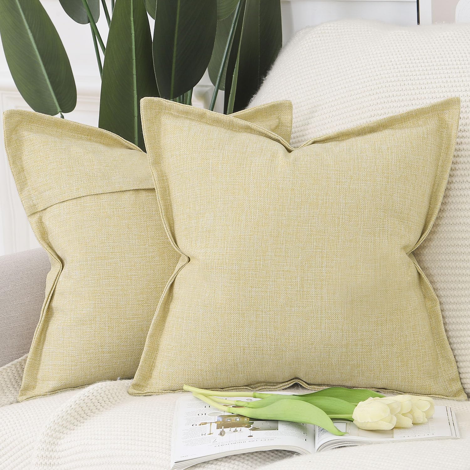 Madizz Set of 2 Faux Linen Cushion Covers with Broad Edge Soft Boho Decorative Pillow Cases for Sofa Bedroom Modern Pillow Shell 18x18 inch, 45x45 cm Light Yellow