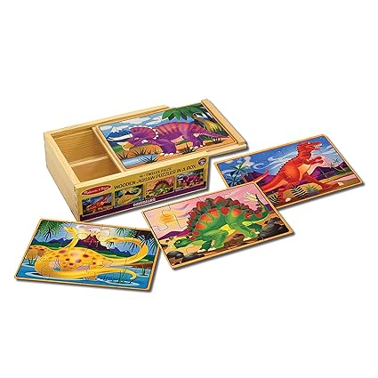 Melissa & Doug Dinosaur Jigsaw Puzzles in a Box (Four Wooden Puzzles, Beautiful Artwork, Sturdy Wooden Storage Box, 12 Pieces, 8 H x 6 W x 2.5 L)