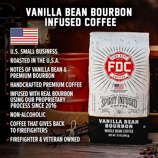 FIRE DEPARTMENT COFFEE – VANILLA BOURBON COFFEE – GIVES BACK TO FIREFIGHTERS – VANILLA BEAN BOURBON INFUSED – GROUND MEDIUM ROAST – NON-ALCOHOLIC – ROASTED IN THE USA – VETERAN OWNED – 12 OZ