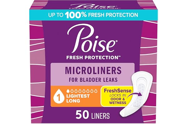 Poise Daily Microliners, Incontinence Panty Liners, 1 Drop Lightest Absorbency, Long Length, 50 Count of Pantiliners