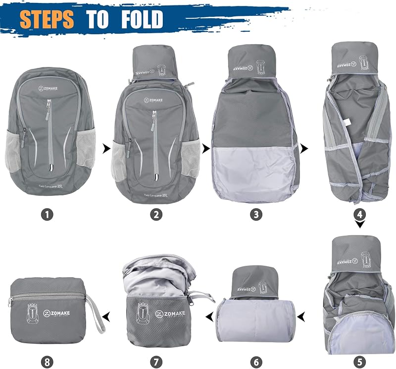 Mochila Plegable Ultraligera - Mochilas de Senderismo Pequeña Mochila Con Resistencia Al Agua 25L Para Hombre Mujer Viaje Trekking Deporte(Gris medio) — foto 6 de 7
