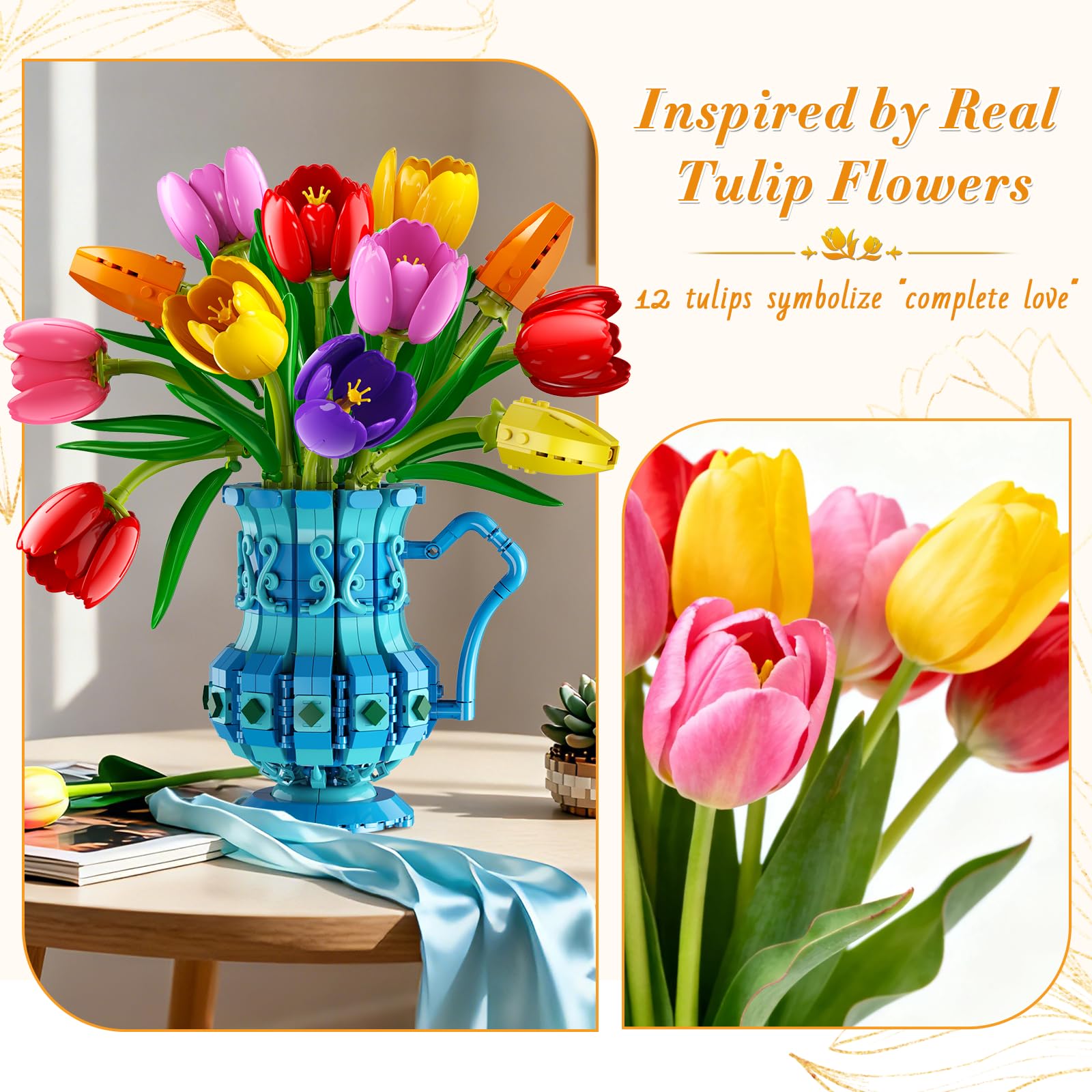 CUBIMANA Blumenstrauß Bausatz mit Vase, 768 Teile Tulpen Blumen Set für Erwachsene, Künstliche Botanicals Bonsai Bausteine für Home Deko, Valentinstag Geburtstag Geschenk für Frauen Mutter Mädchen 12+ 4