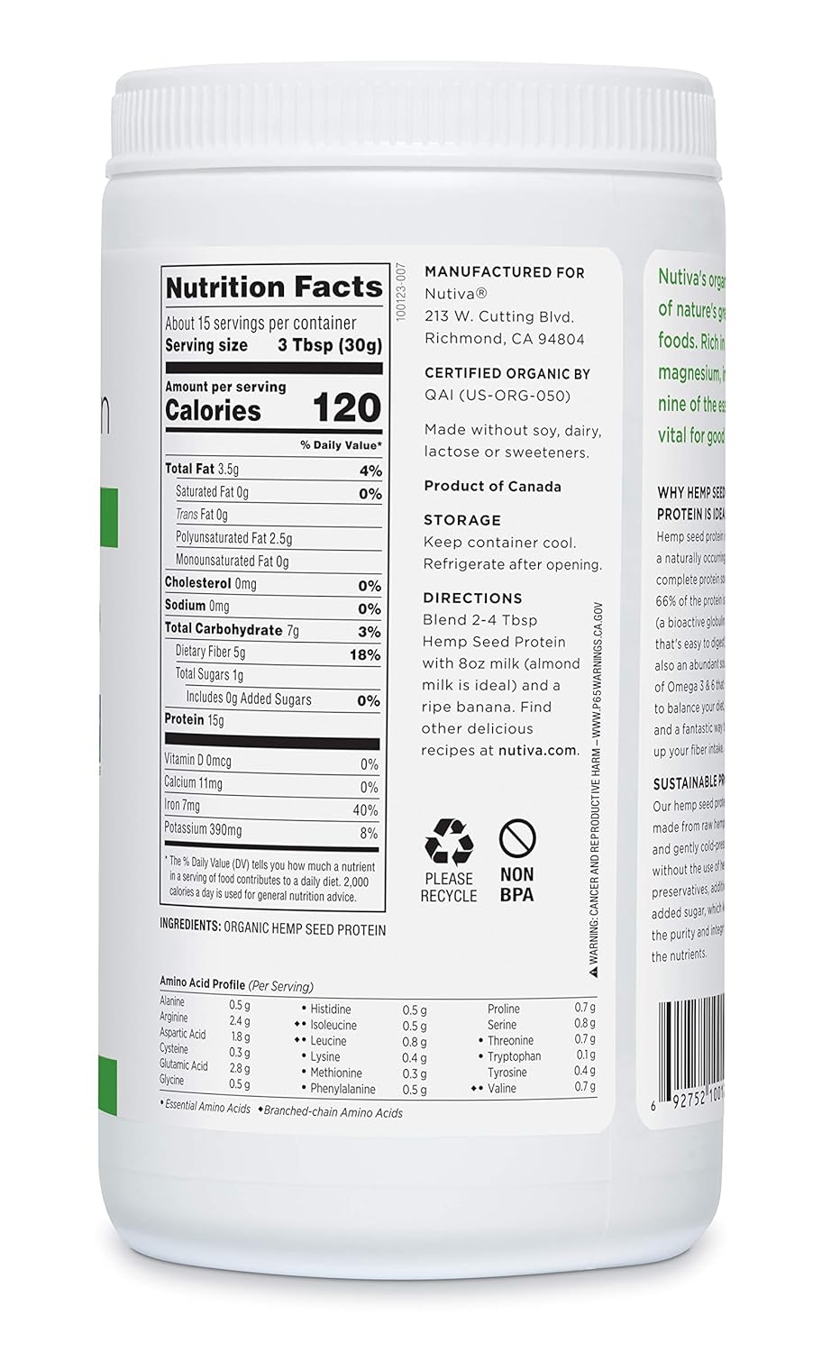 Nutiva Organic Cold-Pressed Hemp Seed Protein Powder, 15G Protein, 16 Ounce: Grocery & Gourmet Food