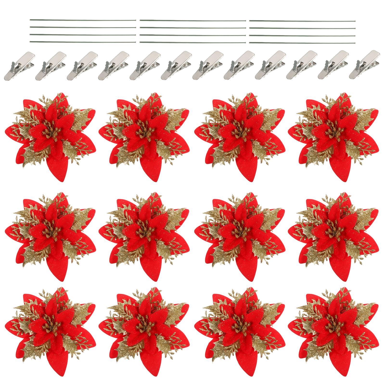 PATIKIL 5.5" Artificial Flowers, 12 Pcs Shiny Artificial Fake Flower with Clips Stems Crafts for Christmas Wedding Party Decoration, Gold Red