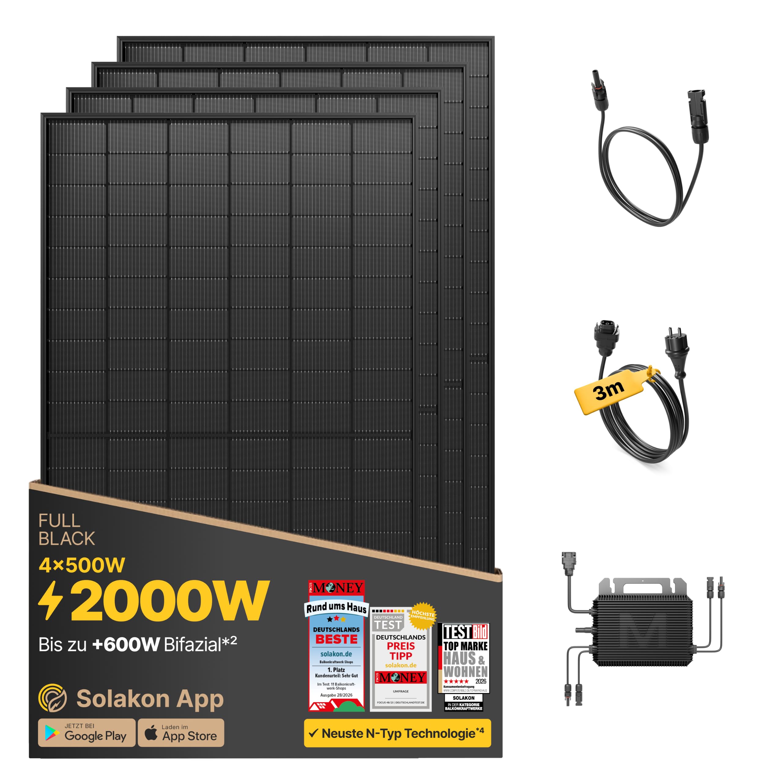 Solakon Balkonkraftwerk 2000W komplett Steckdose - Balkonkraftwerk 2000 Watt neuester Wechselrichter 800W - Solaranlage Komplettset mit 4x500W Solarpanel/Solar Panels mit 3m Kabel