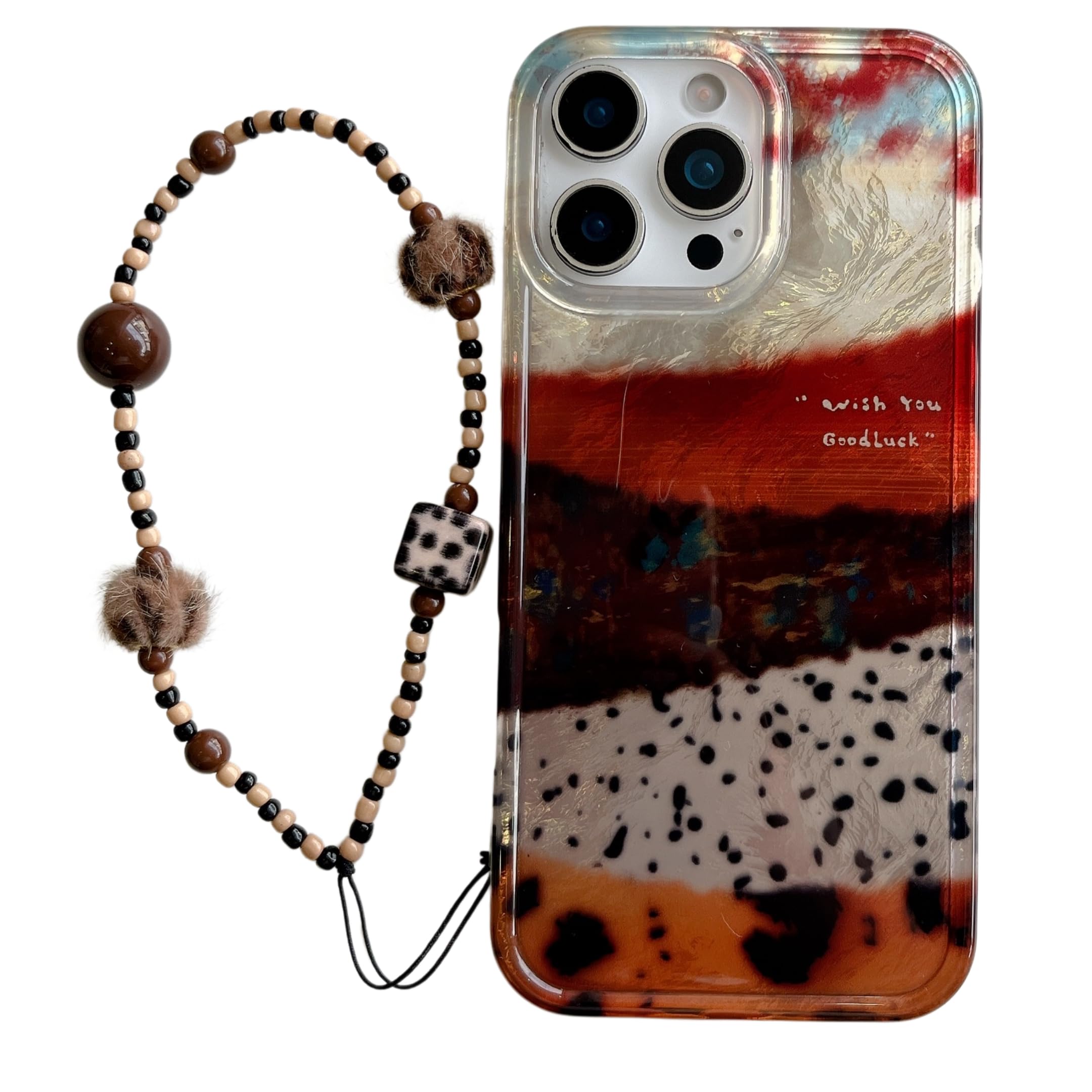 ZUDIISO for iPhone 16promax/15pro/14/13 case，Artistic iPhone Case with Beaded Strap, Marbled Resin Design, Wish You Good Luck Quote (Beaded Strap+Phone case, iphone13pro)