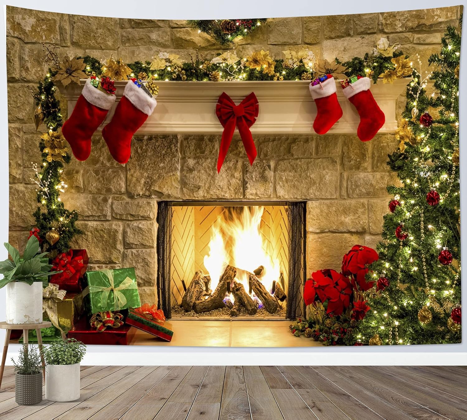 Tapestries - HVEST Christmas Fireplace Tapestry Wall Hanging Christmas Tree with Christmas Stocking Decor Wall Tapestry Xmas Tapestry Warm Christmas Wall Art for Bedroom Room Dorm Outdoor Decor, 60Wx40H inches