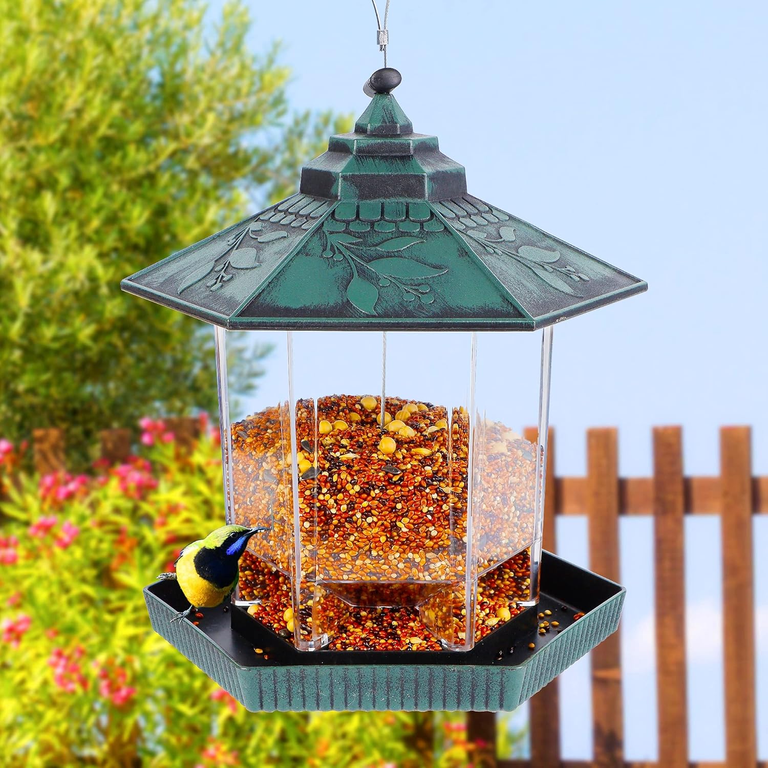 Twinkle Star Wild Bird Feeder, Outdoor Hanging for Garden Yard Decoration, Antique Finish Panorama Gazebo Birdfeeder, Hexagon Shaped with Roof, Green : Garden & Outdoor