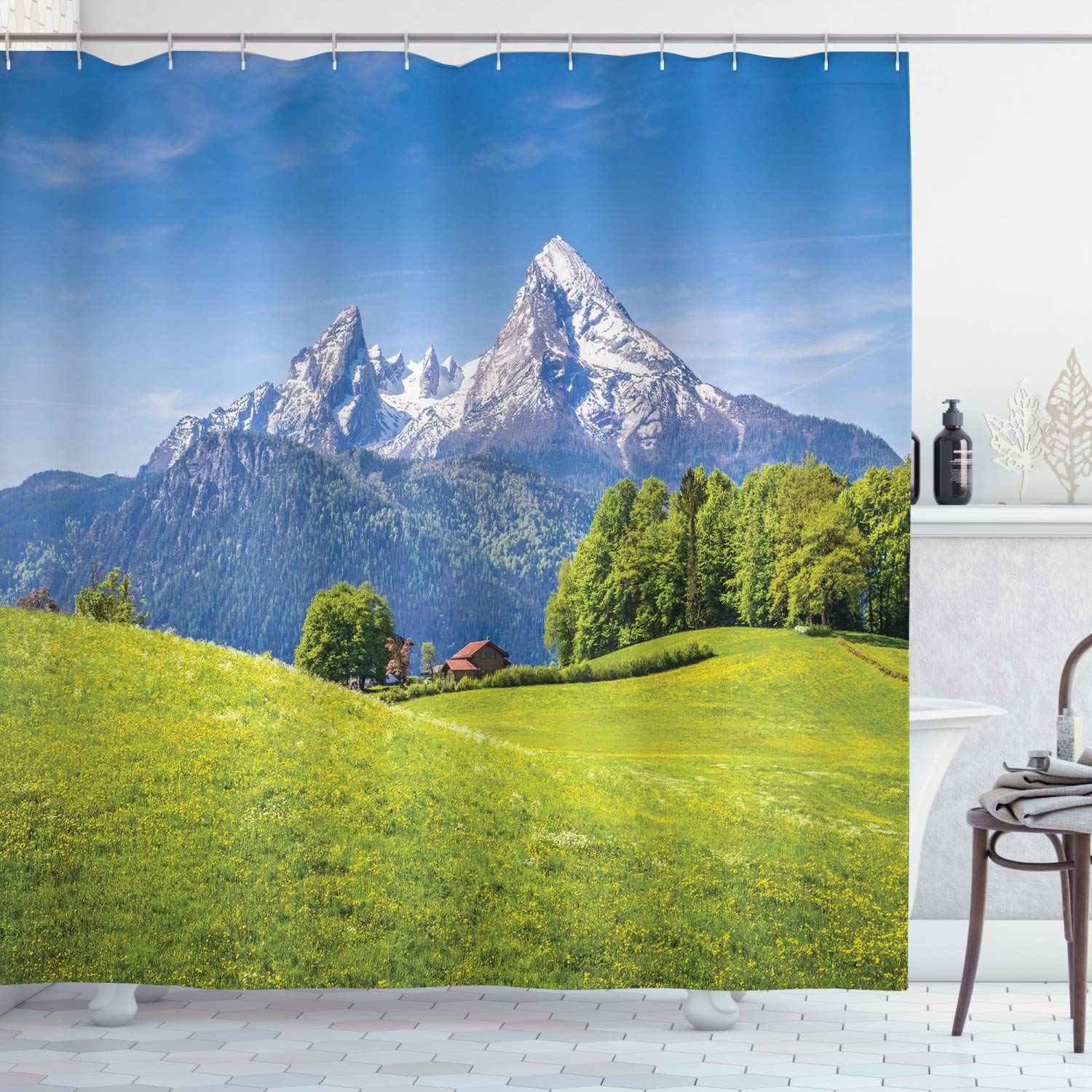 ABAKUHAUS Nature Shower Curtain, Pastoral Landscape in Alps with Meadow and Flowers Northern German Heaven Print, Cloth Fabric Bathroom Decor Set with Hooks, 94 Inches, Green Blue