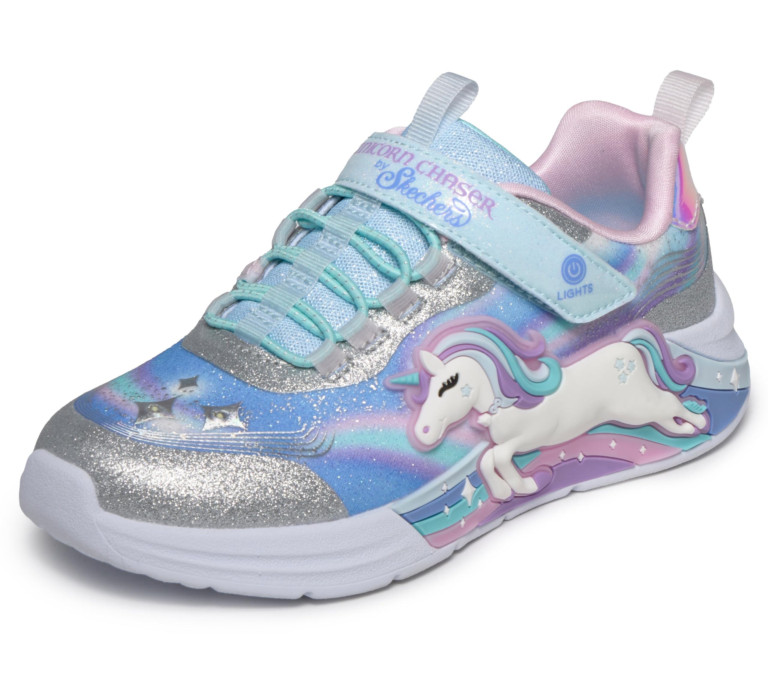 Skechers S Lights: Unicorn Chaser, Silver Sparkle/Multi, 2.5