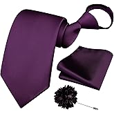 Branduce 3.15"(8cm) Pre-tied Adjustable Zipper Tie and Lapel Pin Solid Necktie Handkerchief Set for Men
