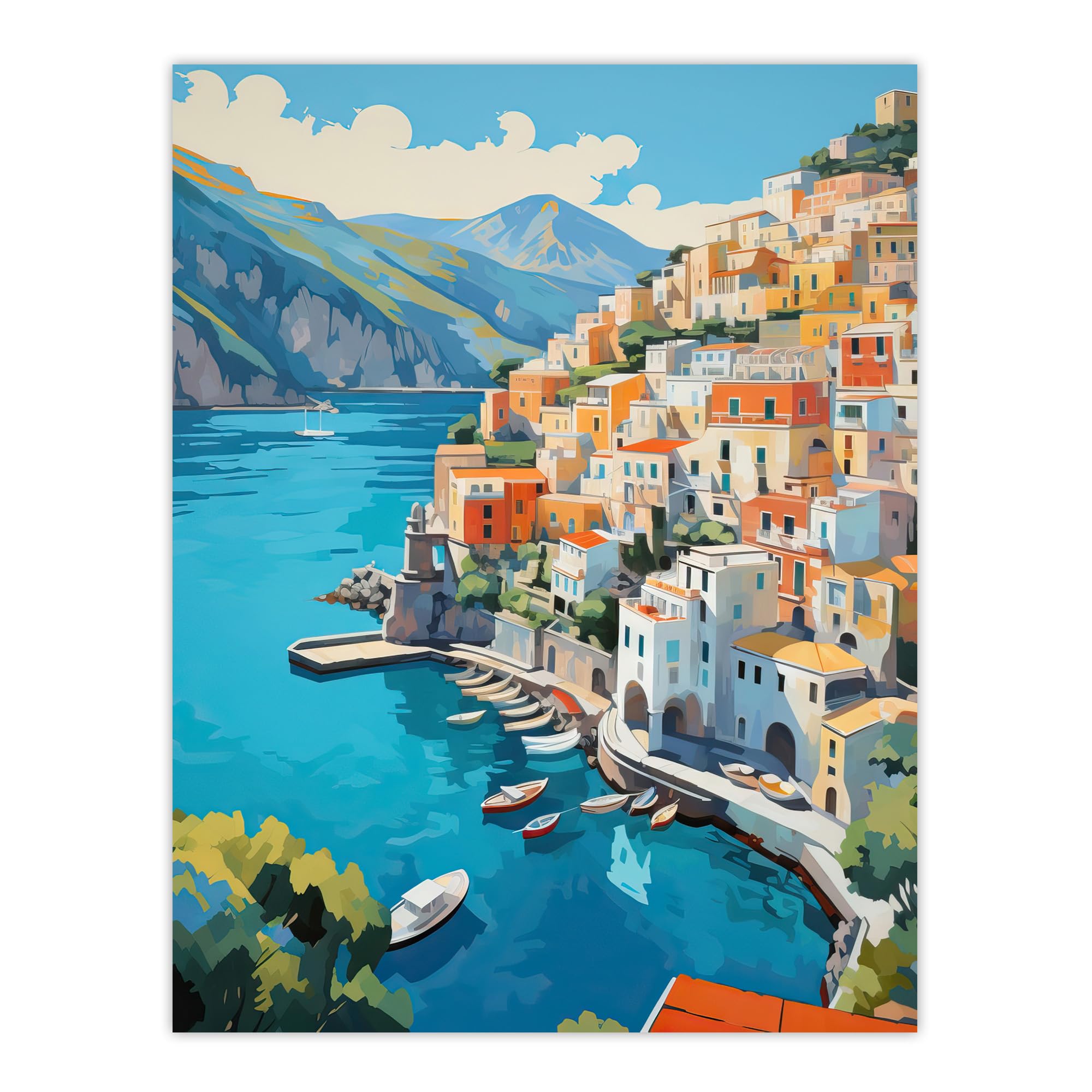 Artery8 Amalfi Coast Artwork Blue Orange Green Italy Coastal Village Landscape Large Wall Art Poster Print Thick Paper 18X24 Inch