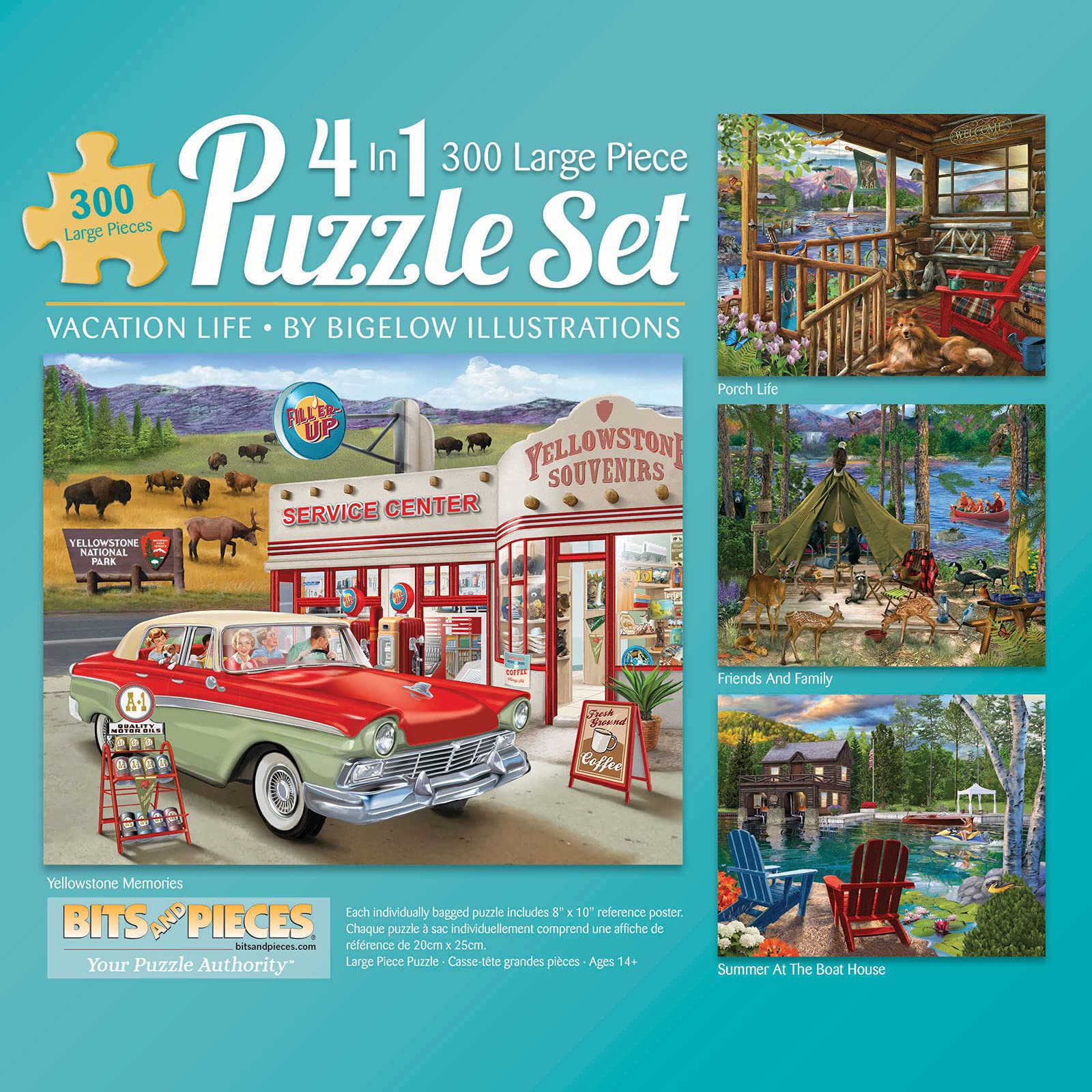Bits and Pieces - Multipack 4-in-1 Puzzle Set 300 Piece Jigsaw Puzzles for Adults - Each Puzzle Measures 46cm x 61cm- Country Travel Lake Cabin Vacation Jigsaws by Artist Bigelow Illustrations