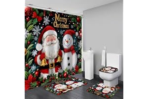 DDQQ 4 Pcs Merry Christmas Bathroom Shower Curtain Set with Rugs, Christmas Curtain with 12 Hooks, Non Slip Rugs, Toilet Lid Cover, U Toilet Mat for Xmas Bathroom Decor Accessories