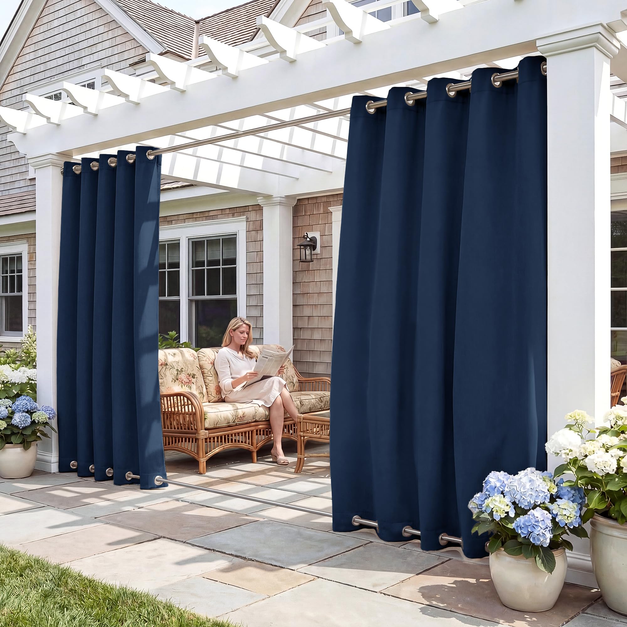 RYB HOME Windproof Outdoor Curtains - Waterproof Blackout Shade Thermal Insulated Drapes for Patio Screen Porch Gazebo Pergola Garage Sun Room, W 52 x L 90, 2 Panels, Navy Blue Image