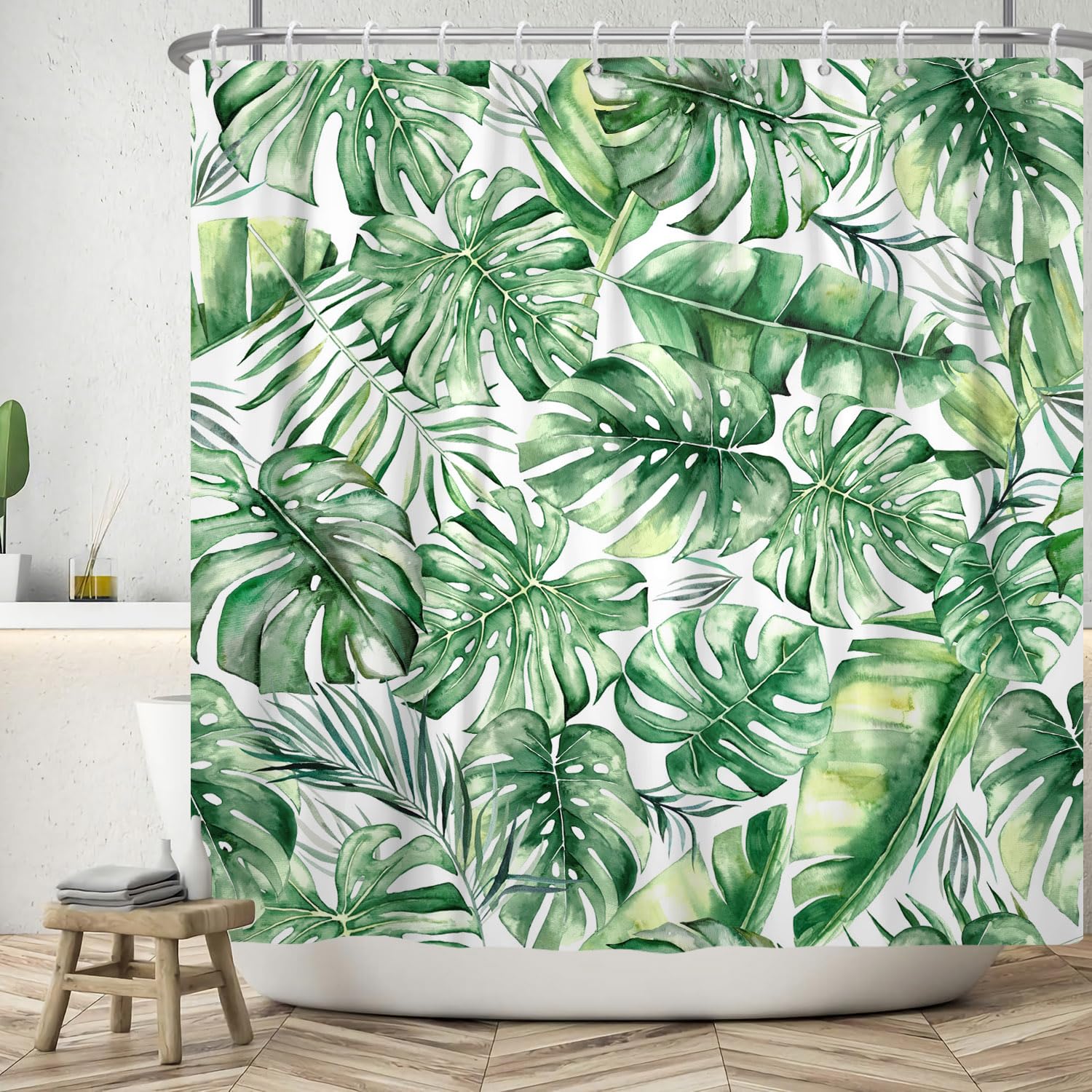 ASDCXZ Leaves Shower Curtain 180x180 cm, Spring Summer Tropical Green Palm Leaves Banana Leaves White Bath Washable Shower Curtains Polyester Textile Waterproof Bath Curtain for Bathtub with 12 Hooks — image 1
