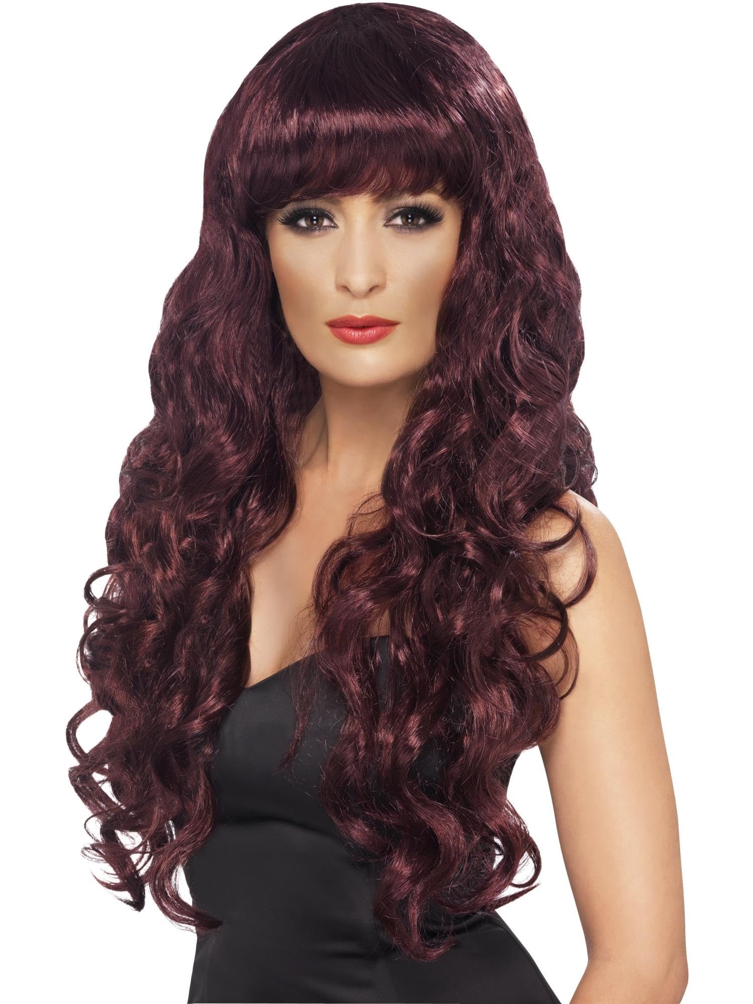 Smiffys Siren Wig, Maroon Long, Curly with Fringe, Ladies Glamour Wigs Fancy Dress, Adult Dress Up Wigs