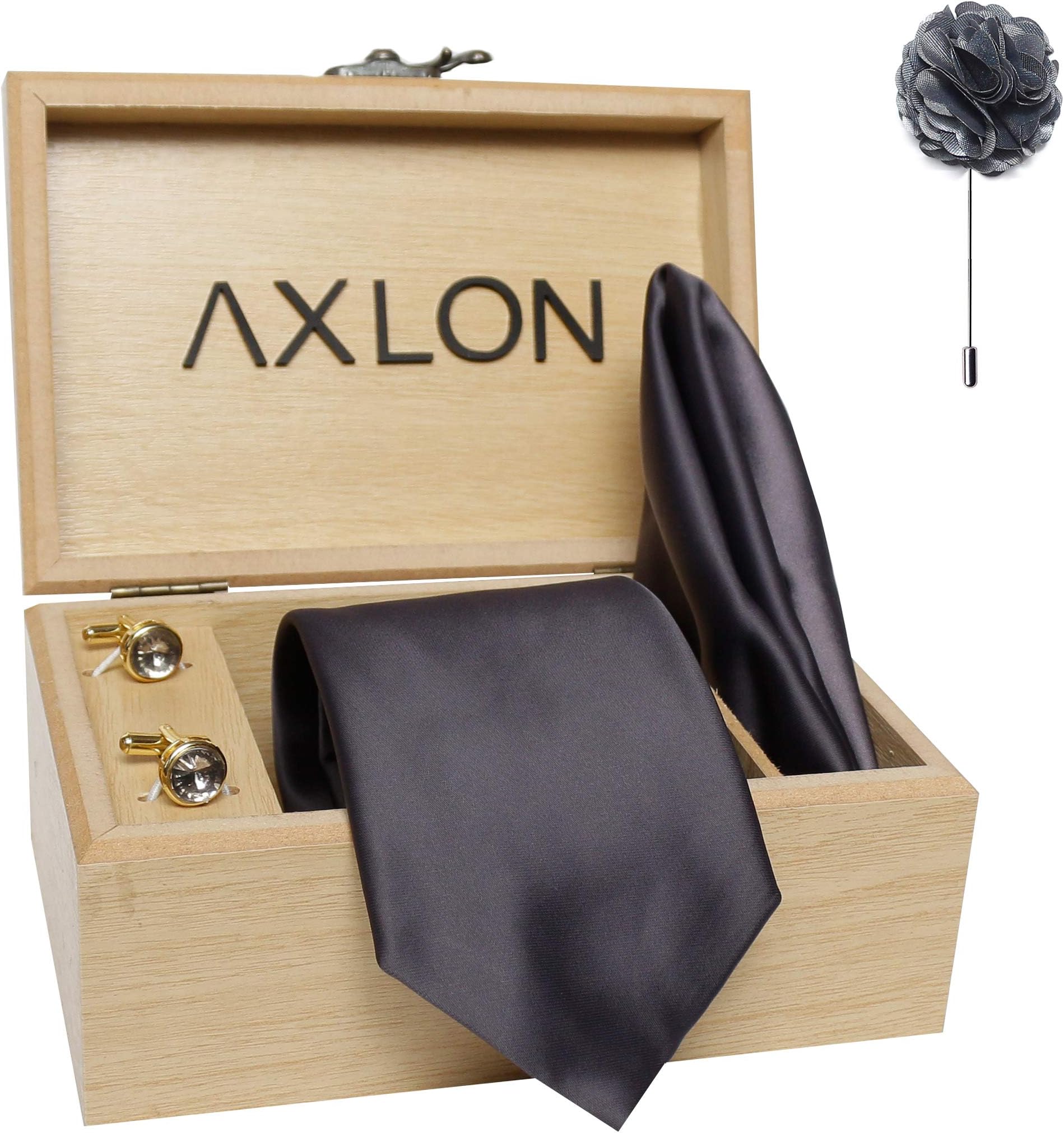 AxlonMen's Micro Polyester Plain Necktie Set with Pocket Square, Brooch Pin and Cufflinks (Dark Grey, Free Size)