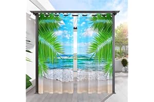 ANHOPE Outdoor Curtains Grommet Waterproof Outside Curtains Tropical Palm Tree Beach Print Pattern Privacy Drapes for Patio Pergola Gazebo Porch Cabana Deck 2 Panels 36 x 84 Inch