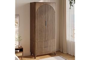 Oxirth 70.1" Arched Wooden Armoire Wardrobe Closet with 2 Doors and 2 Drawers, Fluted Bedroom Armoire with Hanging Rod Shelf, Clothing Storage Cabinet, Wardrobe Armoire Closet Cabinet for Bedroom