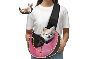 WOYYHO Up to 5 lbs Dog Sling Carrier for Small Dogs - Breathable Mesh,Adjustable Strap,Hard Bottom,Large Zip Pocket - Suitable for Puppies (Pink S)