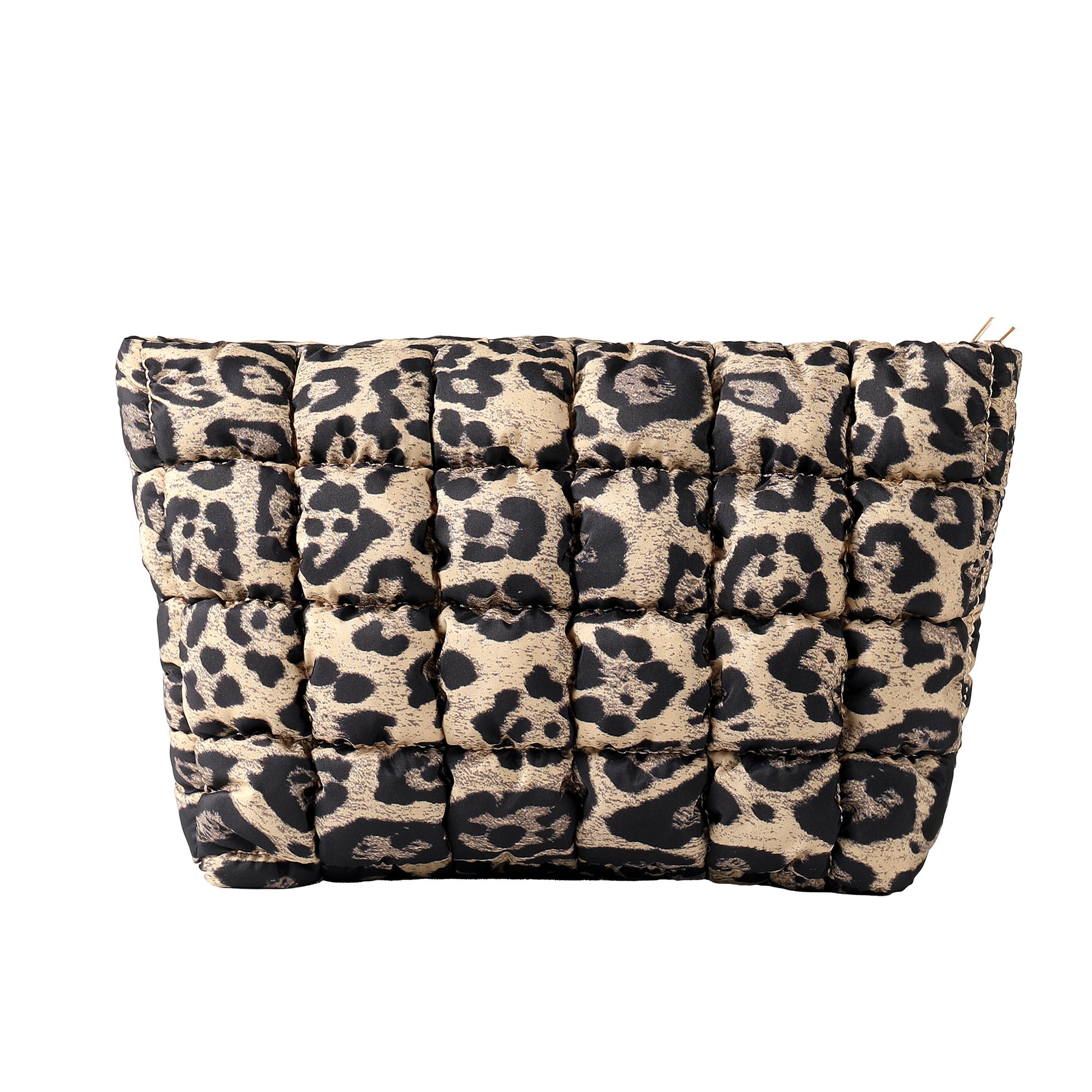 HFLZBRO Puffy Quilted Makeup Bag, Cosmetic Bag, Travel Toiletry Organizer Pouch, Clutch for Women (Brown Leopard)