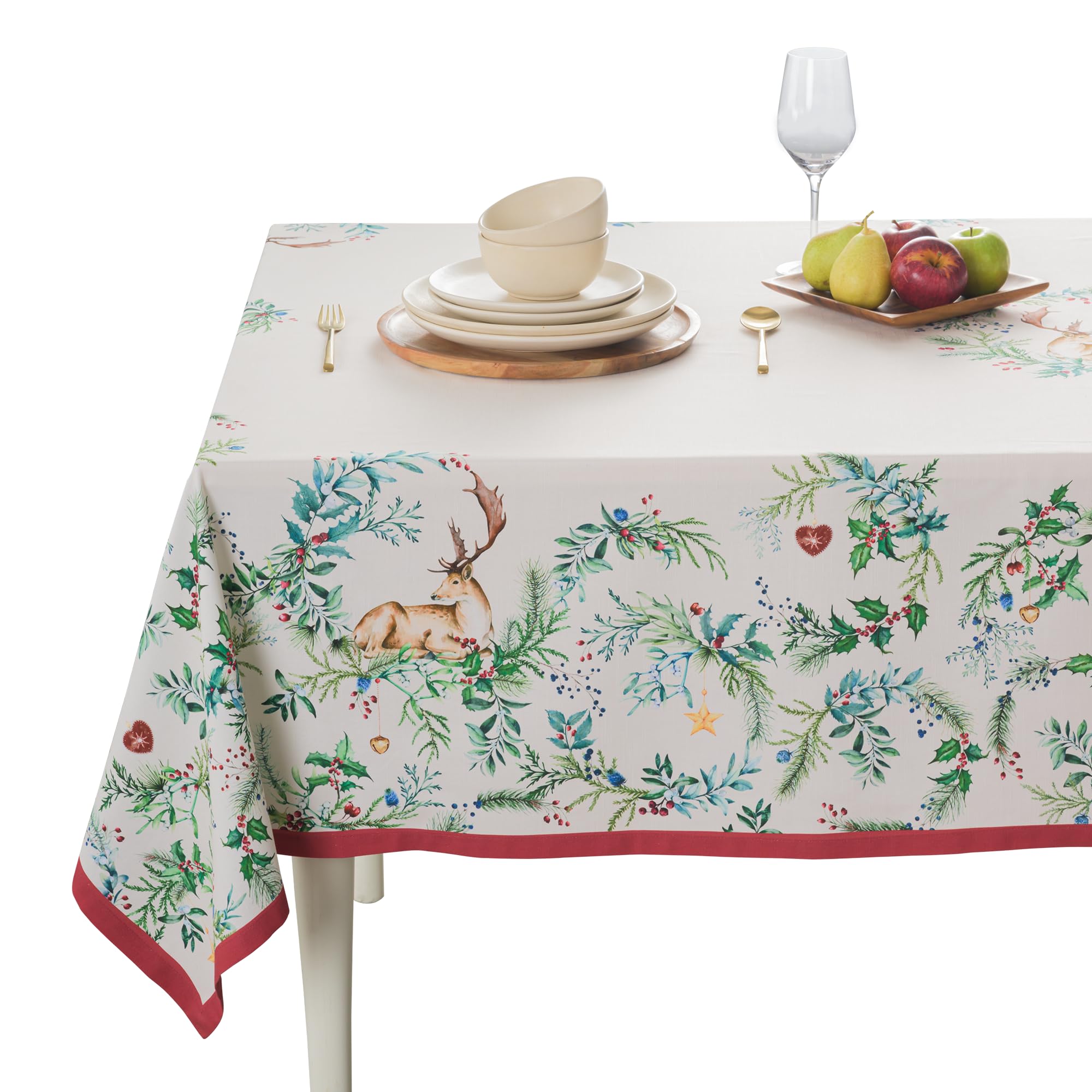 Maison d' Hermine Table Cloth Rectangle Table 100% Cotton 230 cm x 140 cm Tablecloth Reusable Everyday Use for Christmas Decorations Dining Farmhouse Home Party Festive (Holly Time)