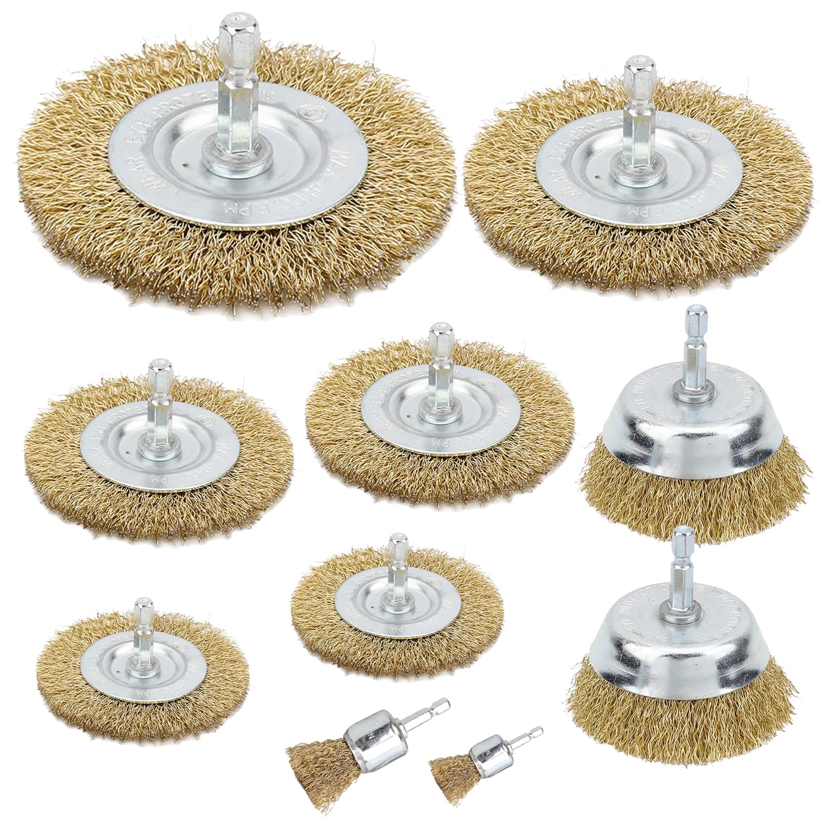 10 Pcs Wire Wheel Cup Brush Drill Set, Brass Coated Wire Drill Attachment with 1/4-Inch Hex Shank Metal Brush Kit for Rust Removal, Polishing and Abrasive
