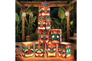 CHICERA 8 Pcs Tiki Totem Box Decor with Light,Hawaiian Tiki Bar Decorations,Tropical Decor,Polynesian Tiki Totem Lighted Gift Boxes for Tiki Party Decorations(8 Pcs)