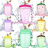 Patelai 8 Pcs Cute Water Bottles with Straw Kawaii Watermelon Ice Cream Cups Leak Proof Drinking Bottles with Adjustable Shoulder Strap for Sports Travel Camping(Classic Style)