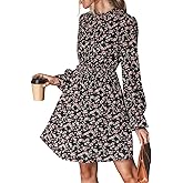 CUPSHE Women's Mock Neck Floral Mini Fall Dress Long Ruffle Sleeve Elastic Waist Smocked Casual Flowying Mini Dresses