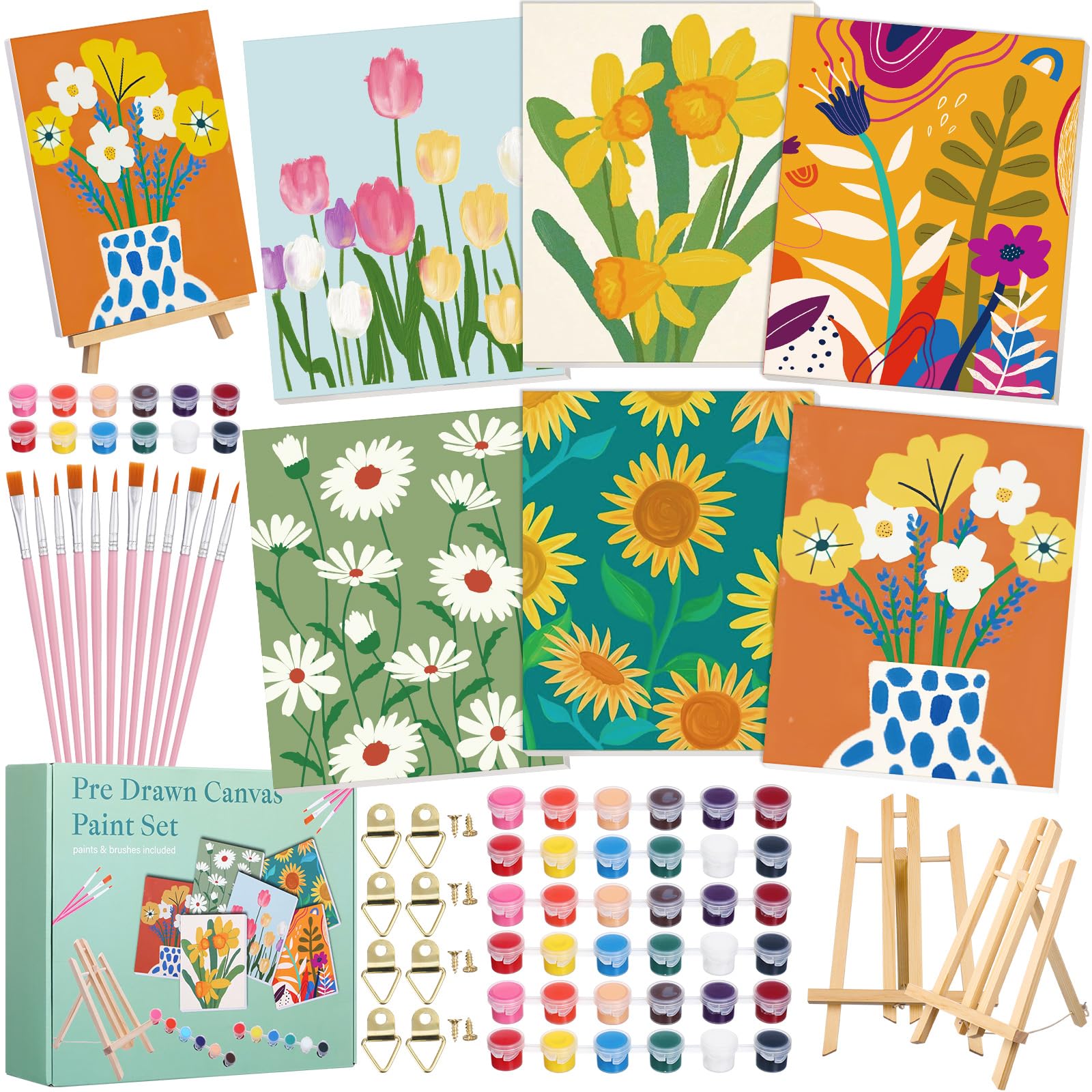 Photo 1 of Engrowtic 6 Packs Pre Drawn Canvas Kit for Painting Adult 8 X10 Inch Sip and Paint Kit Flower Painting Pre Printed Canvases with Easel and Brushes for Adults Kids DIY Summer Artist Party