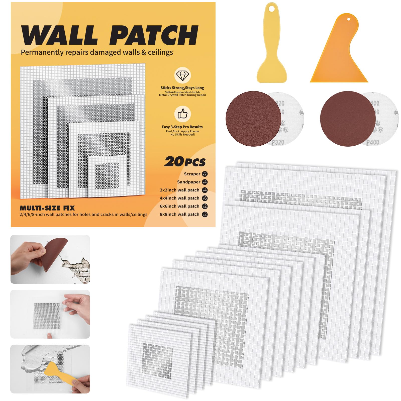 Photo 1 of 20 Pack Drywall Patch, 2/4/6/8 Inch Drywall Repair Patch, Large Hole Patch Repair for Drywall, Quick & Easy Wall Repair, Use with Wall Filler & Spackle