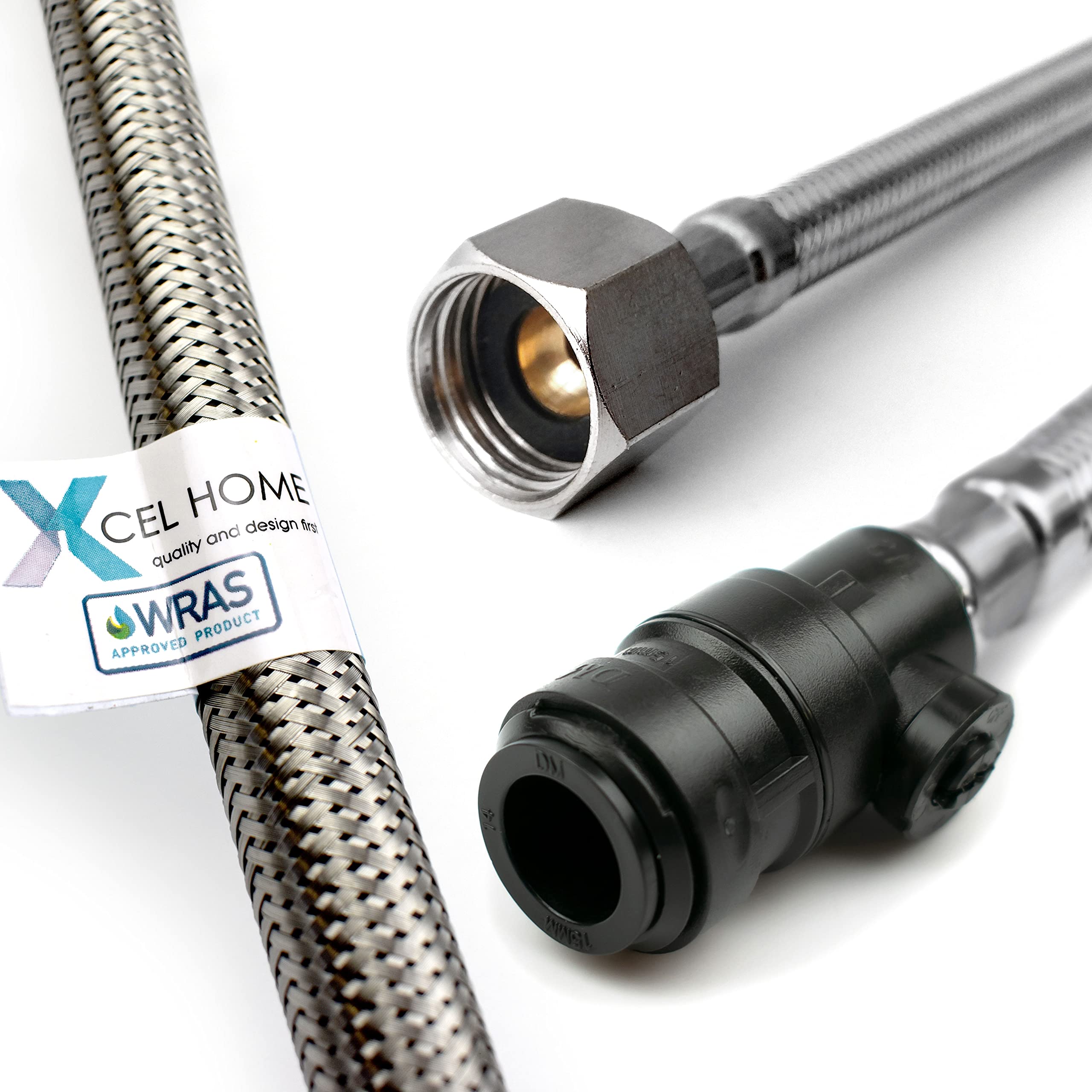 Xcel Home™ WRAS Approved PushFit Flexible Connector with Isolation Valve 15mm x 1/2" BSP (500mm Long) | 3 Lengths Available | Kitchen Sink/Bathroom Basin Stainless Steel Braided Flexi Tail | 1 Pipe