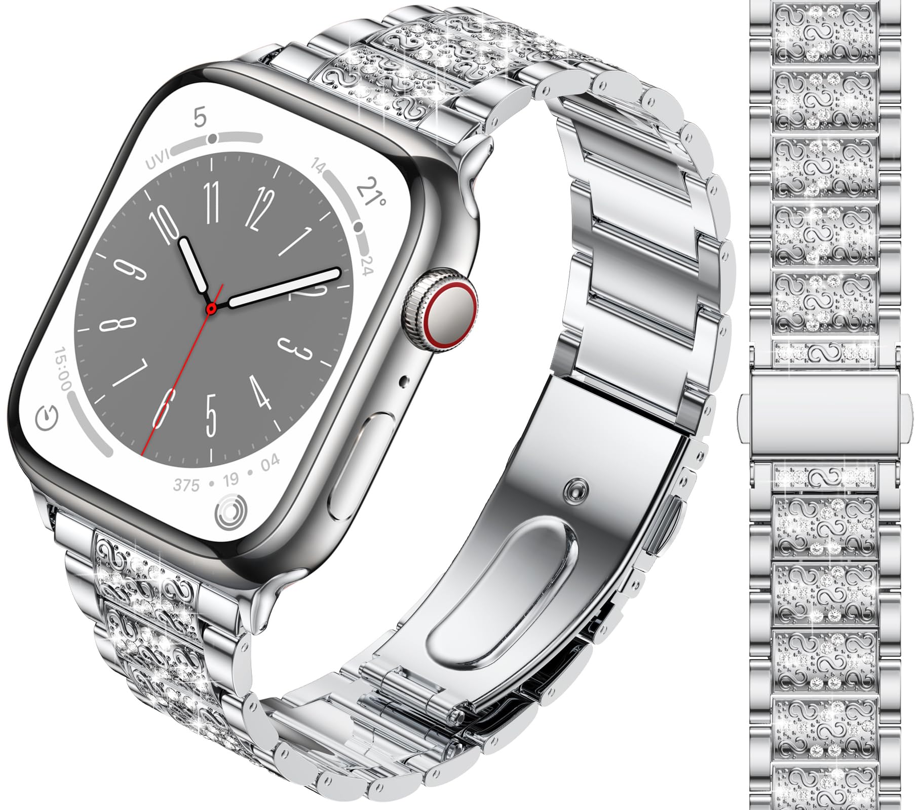 JJii Sung Bling Diamond Strap compatible with Apple Watch Straps 38mm 40mm 41mm 42mm 44mm 45mm 46mm 49mm, Women Sparkling Diamond Metal Band for iWatch Series Ultra SE 11 10 9 8 7 6 5 4 3 2 1