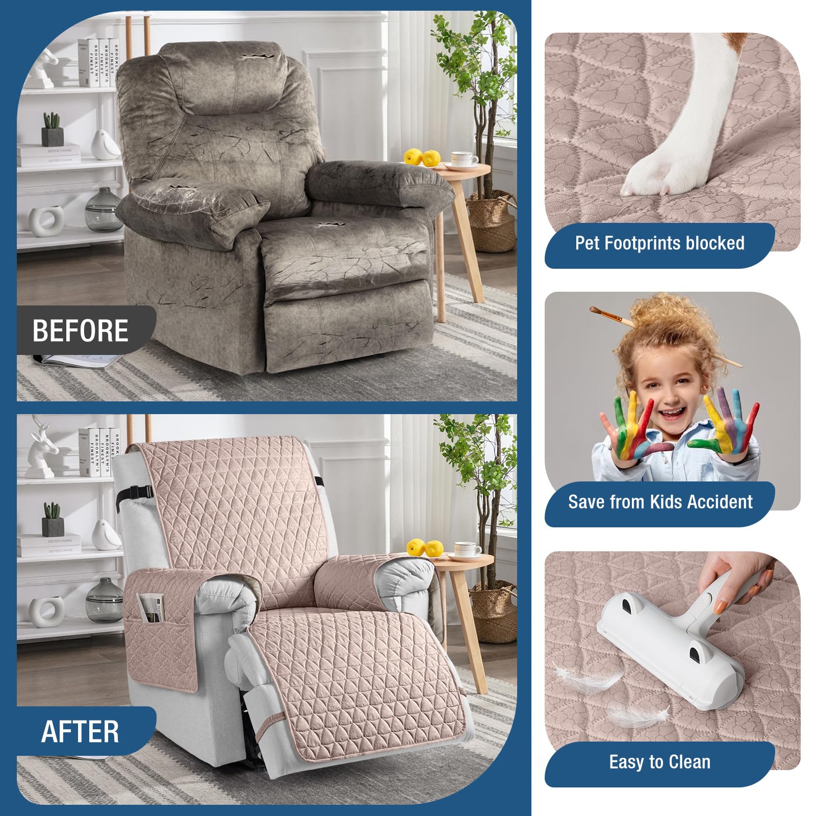 TAOCOCO 100% Waterproof Recliner Cover - Recliner Cover with Non-Slip Granule, Recliner Chair Covers with Elastic Band, Recliner Chair Covers for Reclining Chair(Peach, Oversized-30'')