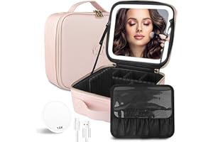 MOMIRA Makeup Bag with Mirror and Light Travel Makeup Train Case Cosmetic Bag Organizer Portable Artist Storage Bag with Adjustable Dividers Makeup Brushes Storage Organizer Phosphor
