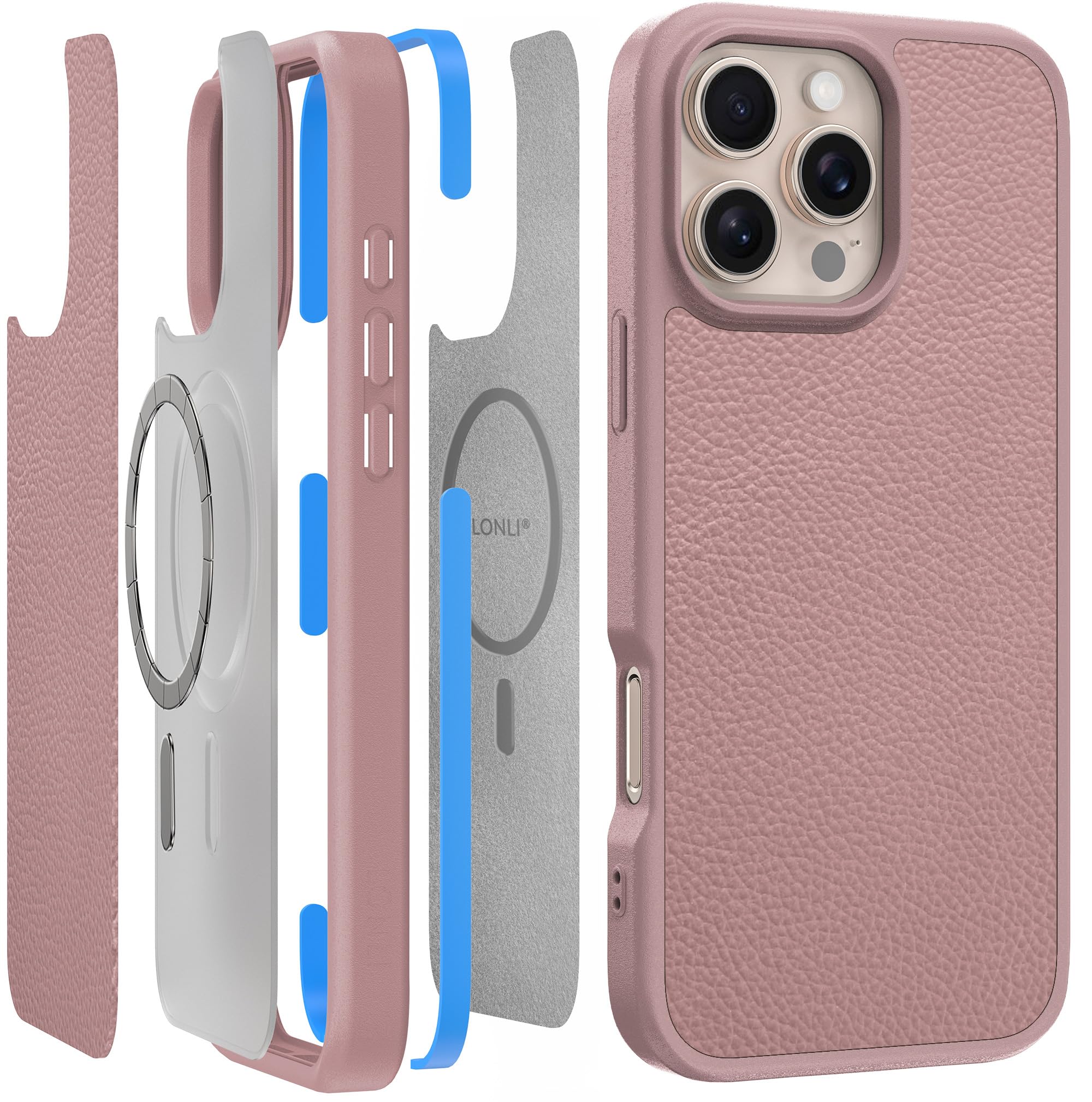 LONLI 2.0 - for iPhone 16 Pro Max Case - The Toughest Leather Magnetic Protective Phone Cover- [360° Shock-Absorbent Bumper and Inner TPE Frame] - [Compatible with Magsafe] - Light Pink Leather