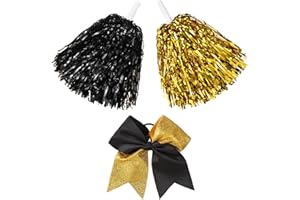 Hanaive 3 Pcs Cheerleading Pom Poms and Large Cheerleader Hair Bow Metallic Foil Cheer Pompoms Cheerleader Supplies for Dance Squad Rooters Sport Team Accessories