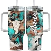 Hyturtle Personalized Cow Skull 40oz Tumbler with Handle and Straw Gifts For Cow Lovers, Rustic Cowhide Gifts For Women, Birthday Christmas Gift Ideas Insulated Stainless Steel Travel Cup With Lid