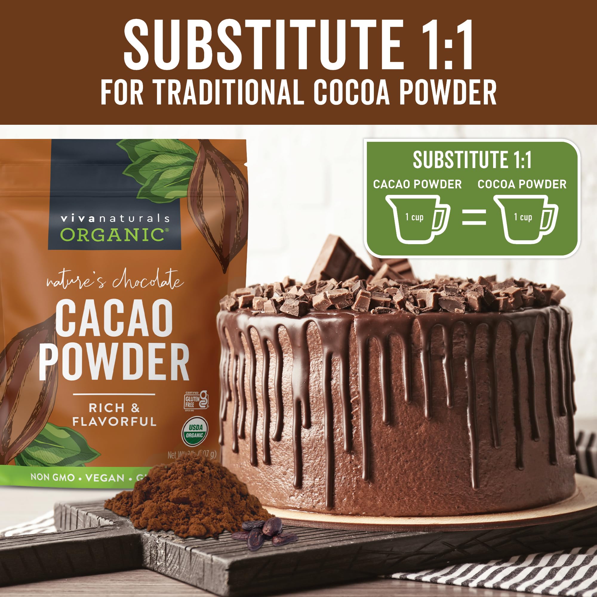 Viva Naturals Organic Cacao Powder, 2lb - Unsweetened Cocoa Powder With Rich Dark Chocolate Flavor, Perfect for Baking & Smoothies - Certified Vegan, Keto & Paleo, Non-GMO & Gluten-Free, 907 g