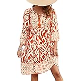 Qearal Women's Casual V Neck 3/4 Sleeve Boho Floral Printed Loose Short Flowy Summer Beach Vacation Dress