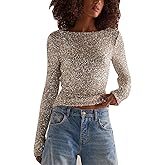 Women Long Sleeve Sequin Crop Tops Back Cowl Neck Sparkly Shirts Club Party Night Glitter Top